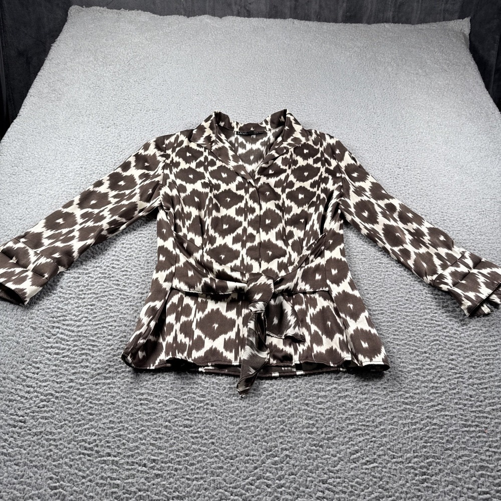 Lafayette 148 Silk Top Womens 4 Button Up 3/4 Sleeve Tie Front‎ Animal Career - Picture 2 of 14